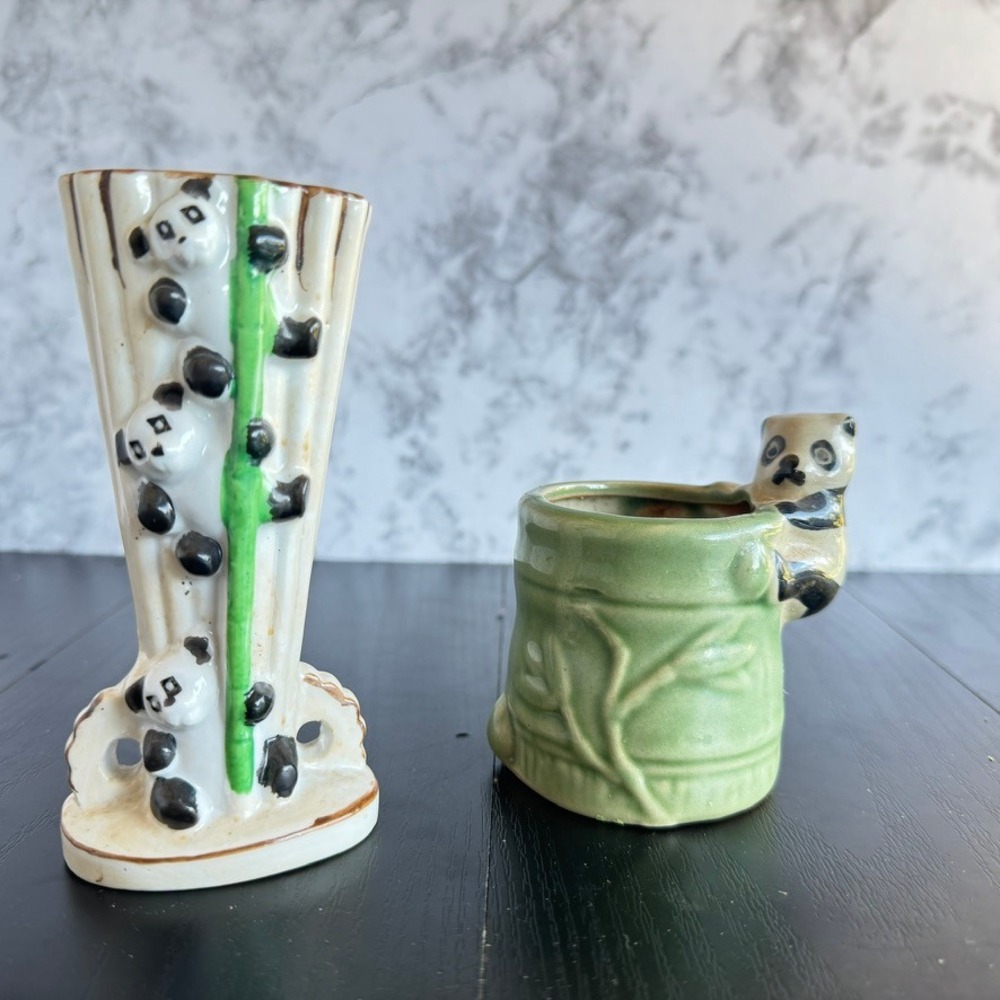 Vintage Panda Bear Ceramic Vase and Planter Set Japan Nursery Decor